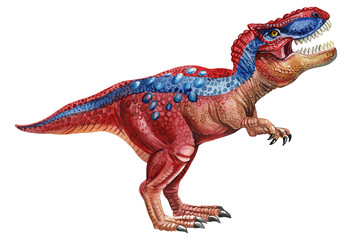 Fototapeta premium Dinosaur isolated on white background. Hand painted watercolor dinosaurs illustration, red T-Rex tyrannosaur realistic