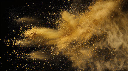 Gold colored powder explosion splashes freeze, isolated on a black background