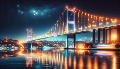 Fototapeta premium Istanbul bridge at night with crescent moon.