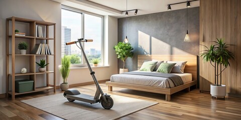 Interior of bedroom with electric scooter and bed, bedroom, interior design, electric scooter,...