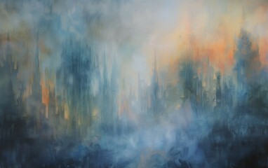 Abstract oil painting of misty morning sun on water,golden light reflection,copy space,web banner.