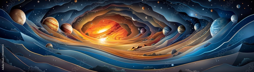 Wall mural a colorful painting of a galaxy with a man in the middle of it