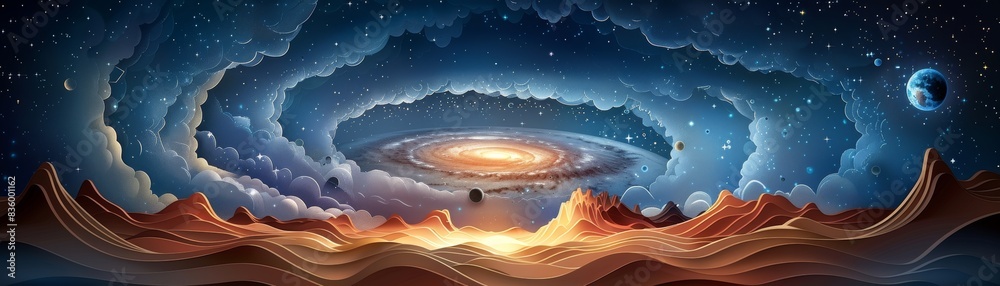 Wall mural a space scene with a spiral galaxy in the center and a planet in the background