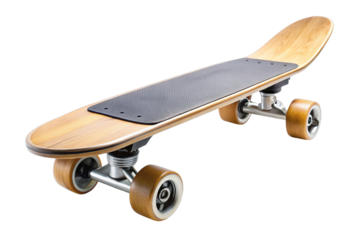 Wooden longboard skateboard with black grip tape, featuring a sleek design and durable wheels, perfect for cruising or downhill riding.