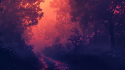 A path leading through a forest, bathed in dim light of sunset, with rays of sunlight.
