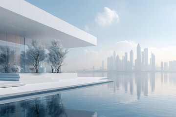 Modern buildings by the lake. The modern urban skyline is in the background.
