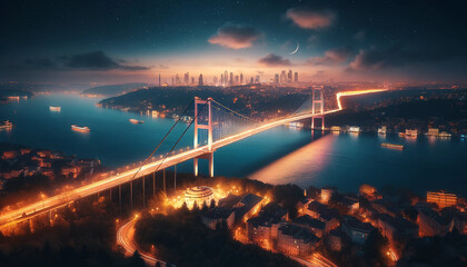 Istanbul bridge at night with crescent moon.