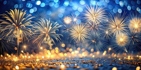 Silvester celebration with fireworks on blue night background and golden shining bokeh , New Year's Eve, fireworks, celebration, golden, blue, night sky, festive, party, bokeh, holiday