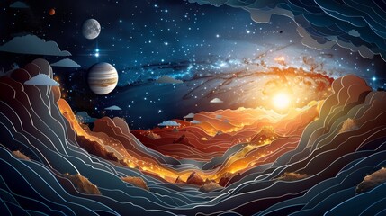 A drawing of a galaxy with a sun in the center and a planet in the foreground