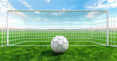 A soccer ball and a net on a soccer field