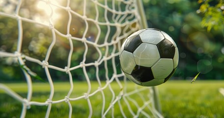Naklejka premium A soccer ball and a net on a soccer field