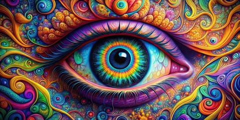 Psychedelic eye image with vibrant colors and abstract patterns, Psychedelic, Eye, Abstract, Vision, Surreal, Trippy, Colorful, Pattern, Artistic, Graphic, Mind-bending, Dizzying