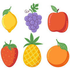 Set of hand drawn different fruits and berries, Collection of organic vitamins and healthy nutrition, Lemon, grape, apple, strawberry, pineapple, orange
