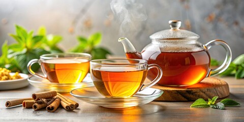 Cups of hot tea and teapot on light background , Tea, cup, teapot, hot, drink, beverage, ceramic, white, background, warm, cozy, relaxation, refreshment, kitchenware, traditional, herbal