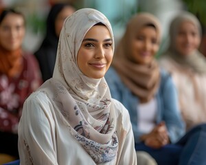 Smiling Muslim Woman in Hijab Surrounded by Supportive Community Members