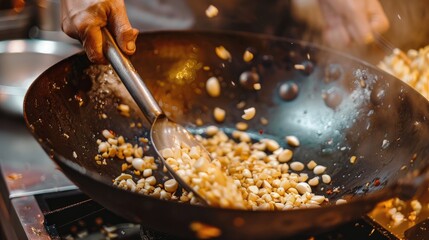 Sauteing minced garlic in a wok