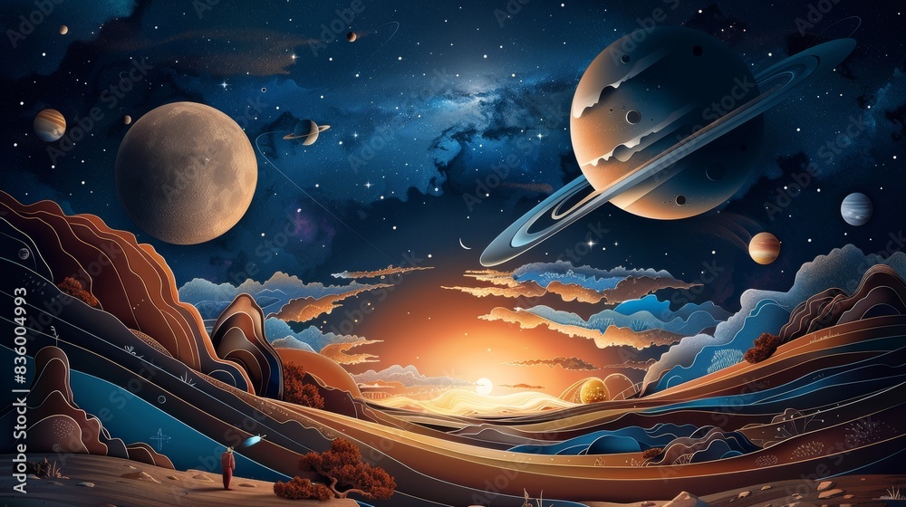 Wall mural a painting of a space scene with a sun setting in the background