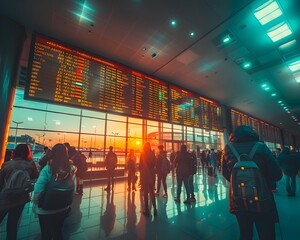 Bustling Airport Terminal with Travelers and Real Time Flight Information Boards