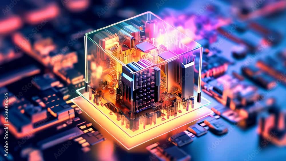 Poster animation of a generic digital device. advanced computing technology and artificial intelligence con