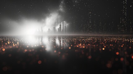 Obraz premium Abstract cityscape with illuminated dots, blurry background, fog, and glowing lights. Dreamlike urban scene in shimmering light.