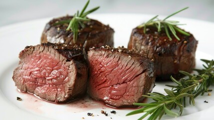 Juicy steak pieces with a crispy outer layer, sliced to show the rare center, garnished with rosemary.