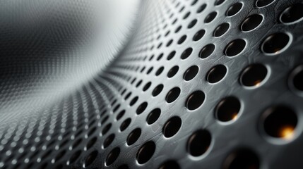 Close-up of a modern metallic surface with perforated holes creating an abstract pattern and industrial texture.