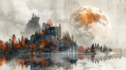 Surreal fantasy landscape of a moonlit castle by a lake, surrounded by mist and autumn trees, creating an ethereal and mystical atmosphere.