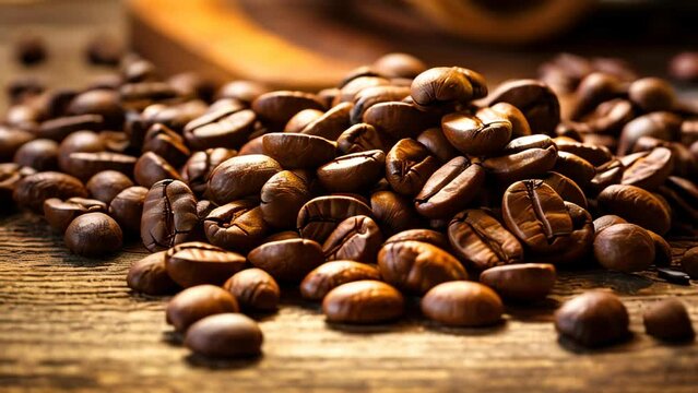 A pile of coffee beans on an old wooden table
