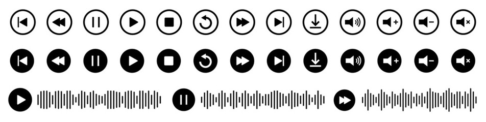 Player button icon. Vector play, rewind, pause, stop buttons. Audio wave icon. Equalizer template. Sound waves for voice message.