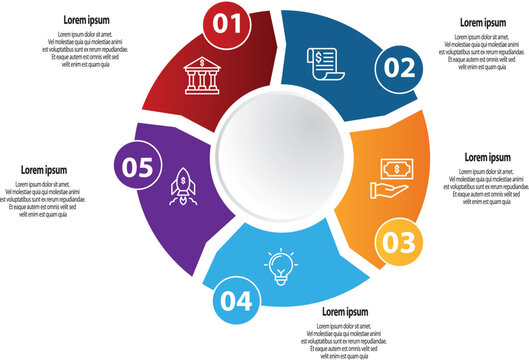 Collection of vector circle chart infographic templates for presentations, advertising, layouts, annual reports. 5 options, steps, parts