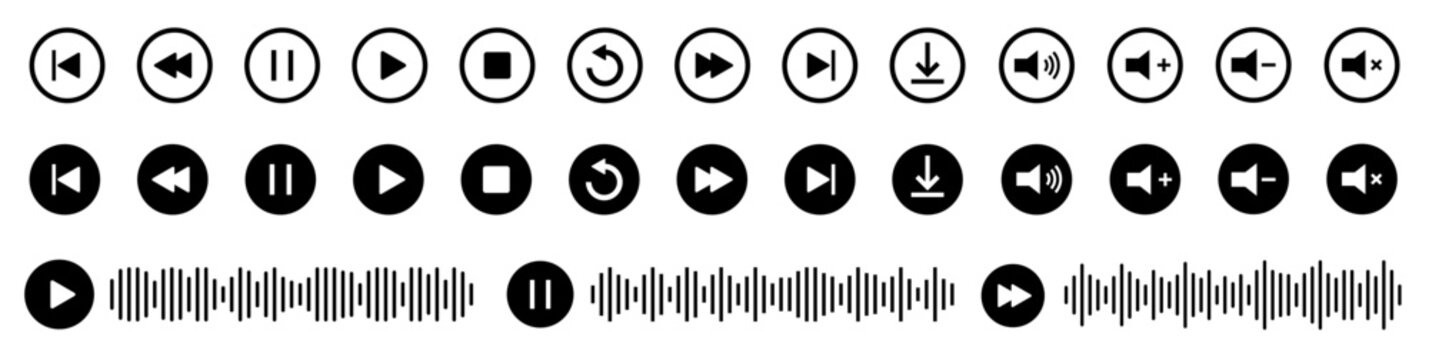 Player button icon. Vector play, rewind, pause, stop buttons. Audio wave icon. Equalizer template. Sound waves for voice message.