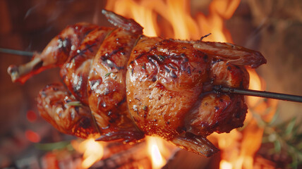 A close-up of a rotisserie chicken roasting over an open fire, the juices dripping and the skin crackling, against a backdrop of nature. Ai generated