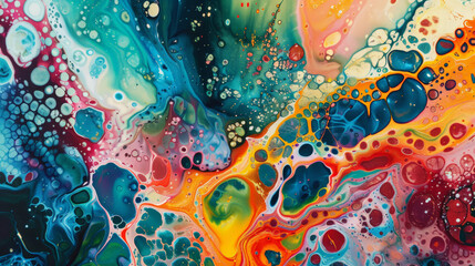 Fluid forms made of acrylic pouring with bright colours, iridescent background. Generative AI