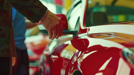 A dealer showing a customer various car models and discussing installment plans, emphasizing choice and financial flexibility. Ai generated