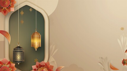 An Islamic Greeting Card template with soft cream copy space and colorful ornate ornaments of hanging lanterns illustrating a rich Eid festival