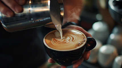 A perfectly crafted latte with detailed art being created as milk is poured into the espresso, emphasizing the steam and precision. Ai generated