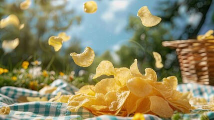 Fototapeta premium Potato chips floating in a whimsical arrangement over a picnic blanket.