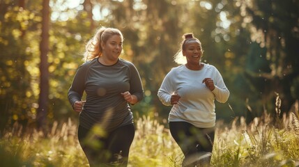 Two overweight women running outdoors in the park sunrise and soft background.
