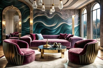 Obraz premium Comfortable living room with velvet wave sofas, gold table, wave mirrors, and rich textiles