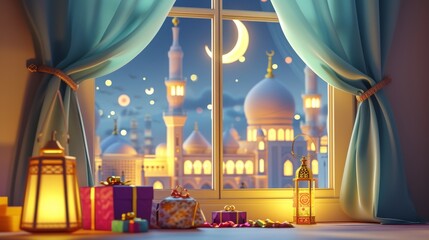 Cartoon style with a cozy interior by the window. In the background there is a mosque, visible from the window, with a glowing lantern