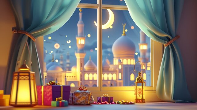 Cartoon style with a cozy interior by the window. In the background there is a mosque, visible from the window, with a glowing lantern