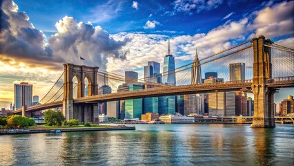 Iconic Brooklyn Bridge in New York City , Landmark, Historic, Suspension Bridge, East River, Architecture, Cityscape, Skyline, Urban, Manhattan, Tourism, Engineering, Steel, River