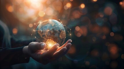 Businessman hold global business globe with network connected to digital marketing strategy and creative solution. Business development technology to support creativity idea