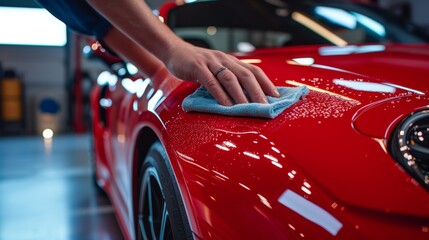 Red car being polished, showcasing the person's hand using a microfiber cloth to buff the surface