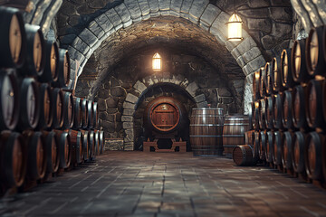 A wine barrel in a wine cellar filled with numerous other barrels, showcasing a rich collection of aging wine.