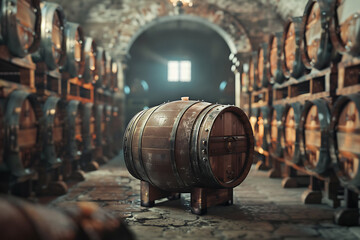 Naklejka premium A wine barrel in a wine cellar filled with numerous other barrels, showcasing a rich collection of aging wine.