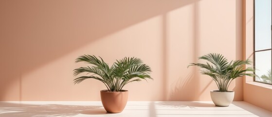 Fototapeta premium Blurred shadow from palm leaves on the light pink wall. Minimal abstract background for product presentation.