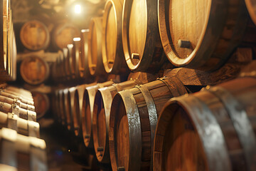 A wine barrel in a wine cellar filled with numerous other barrels, showcasing a rich collection of aging wine.
