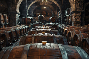 Naklejka premium A wine barrel in a wine cellar filled with numerous other barrels, showcasing a rich collection of aging wine.