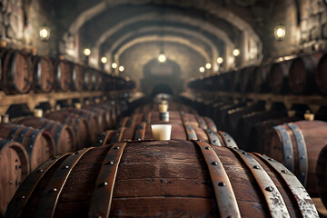 A wine barrel in a wine cellar filled with numerous other barrels, showcasing a rich collection of aging wine.